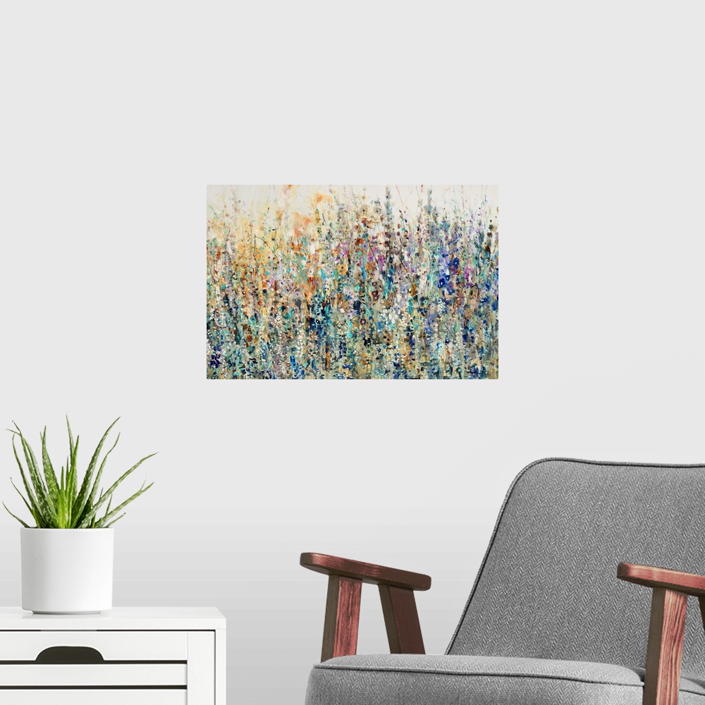 A modern room featuring A splashy, vibrant mass of wild flowers and grasses in an abstract, impressionist style.