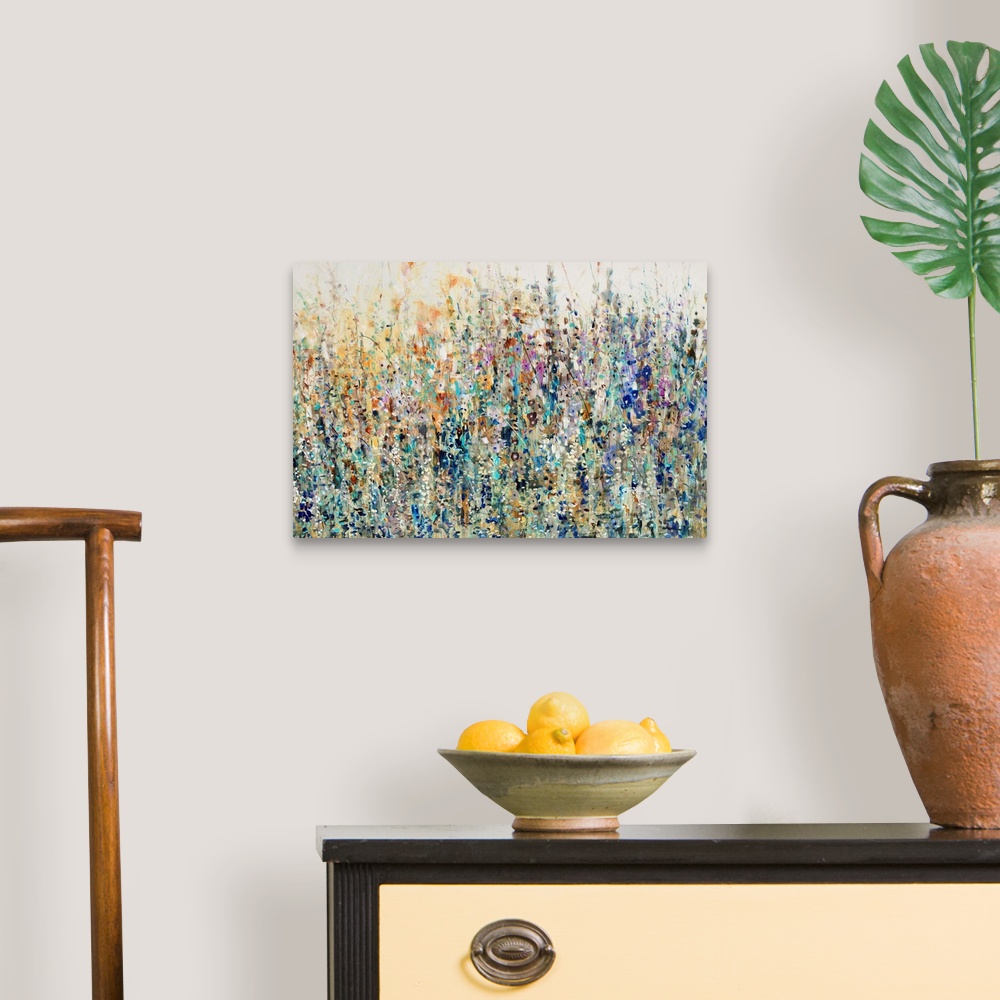A traditional room featuring A splashy, vibrant mass of wild flowers and grasses in an abstract, impressionist style.