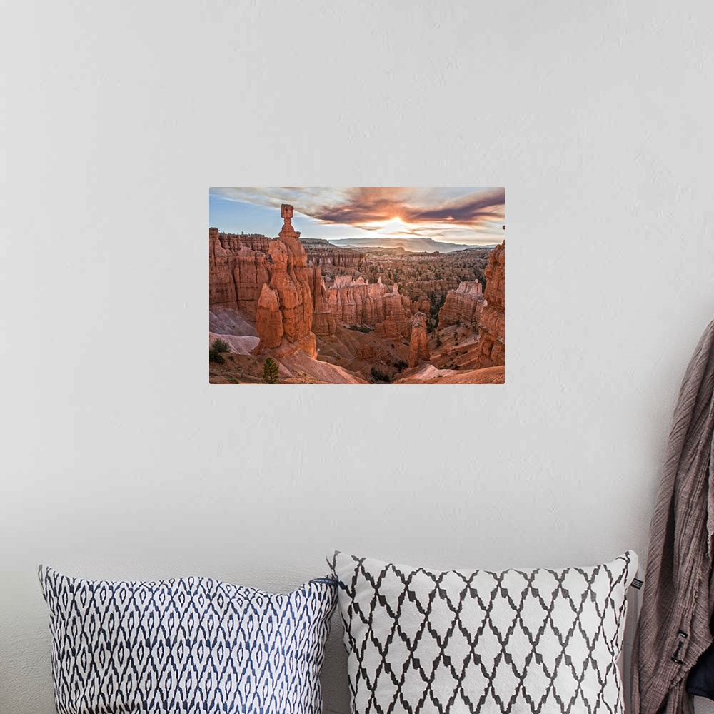 A bohemian room featuring Cloudy skies over the hoodoos, including the Thor's Hammer structure in Bryce Canyon National Par...