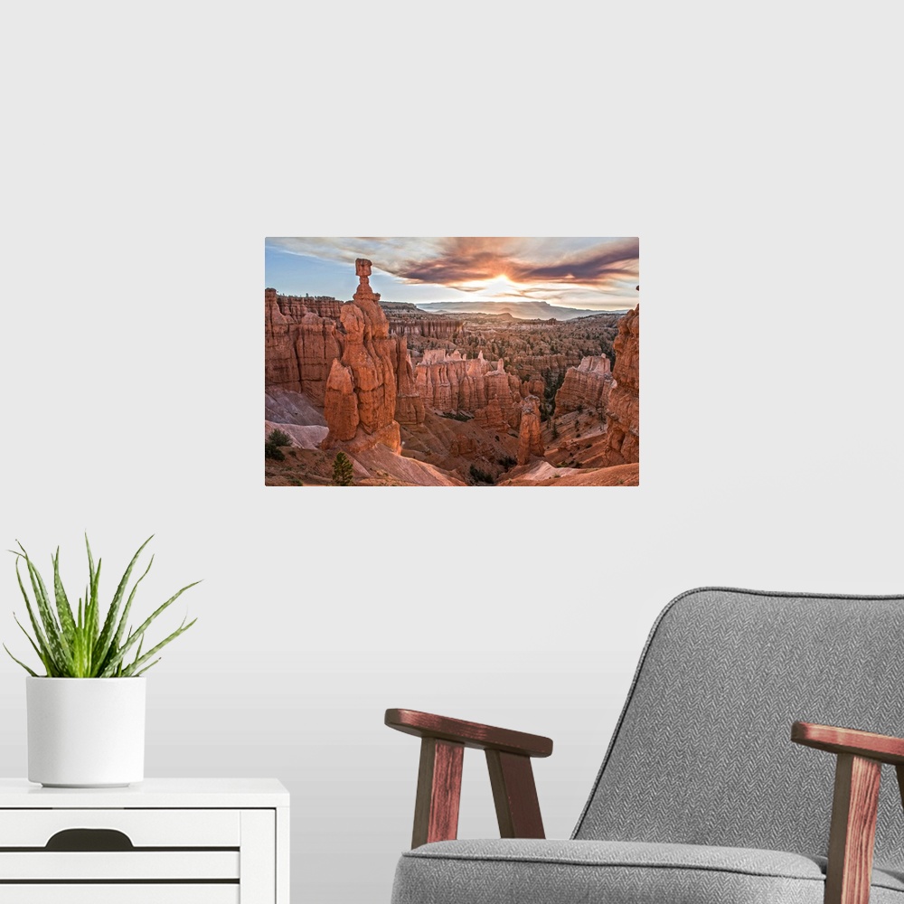 A modern room featuring Cloudy skies over the hoodoos, including the Thor's Hammer structure in Bryce Canyon National Par...