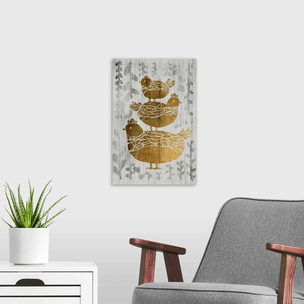 A modern room featuring Gold leaf on weathered wood with a fern pattern of three chickens.