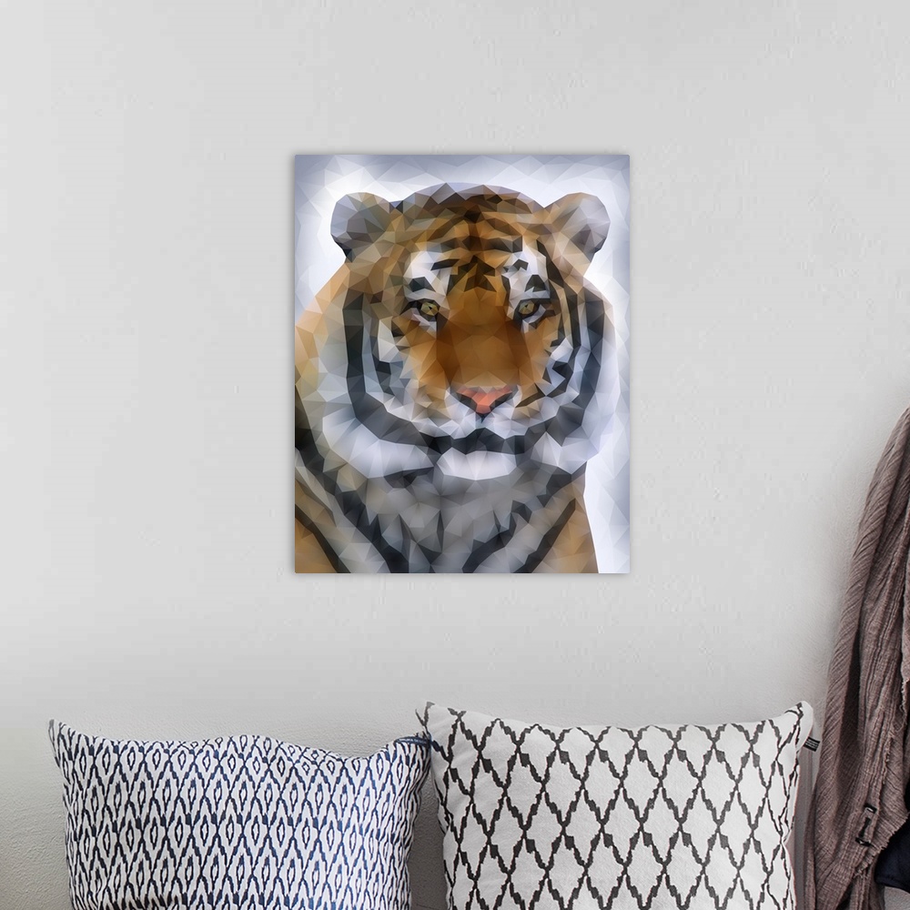 A bohemian room featuring Portrait of a tiger in low poly geometric shapes.