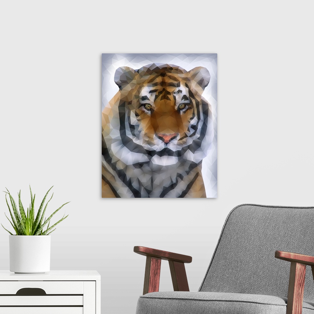 A modern room featuring Portrait of a tiger in low poly geometric shapes.