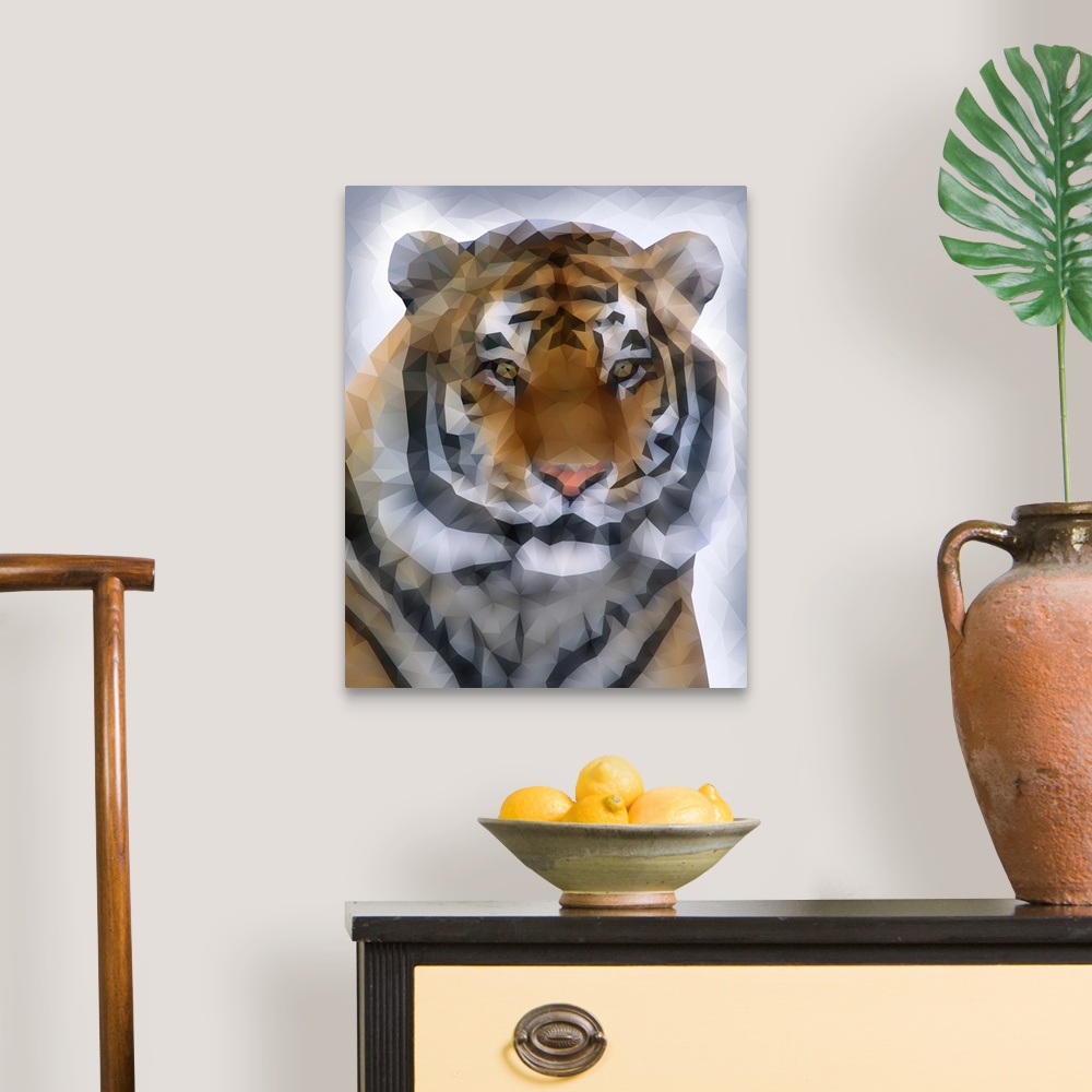 A traditional room featuring Portrait of a tiger in low poly geometric shapes.