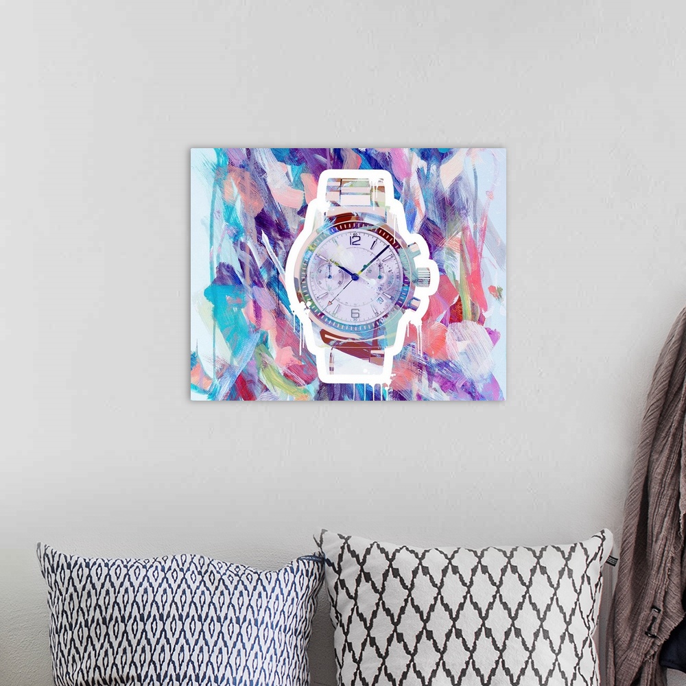 A bohemian room featuring Graffiti art with fancy wrist watch on a colorful abstract background created with brushstrokes i...