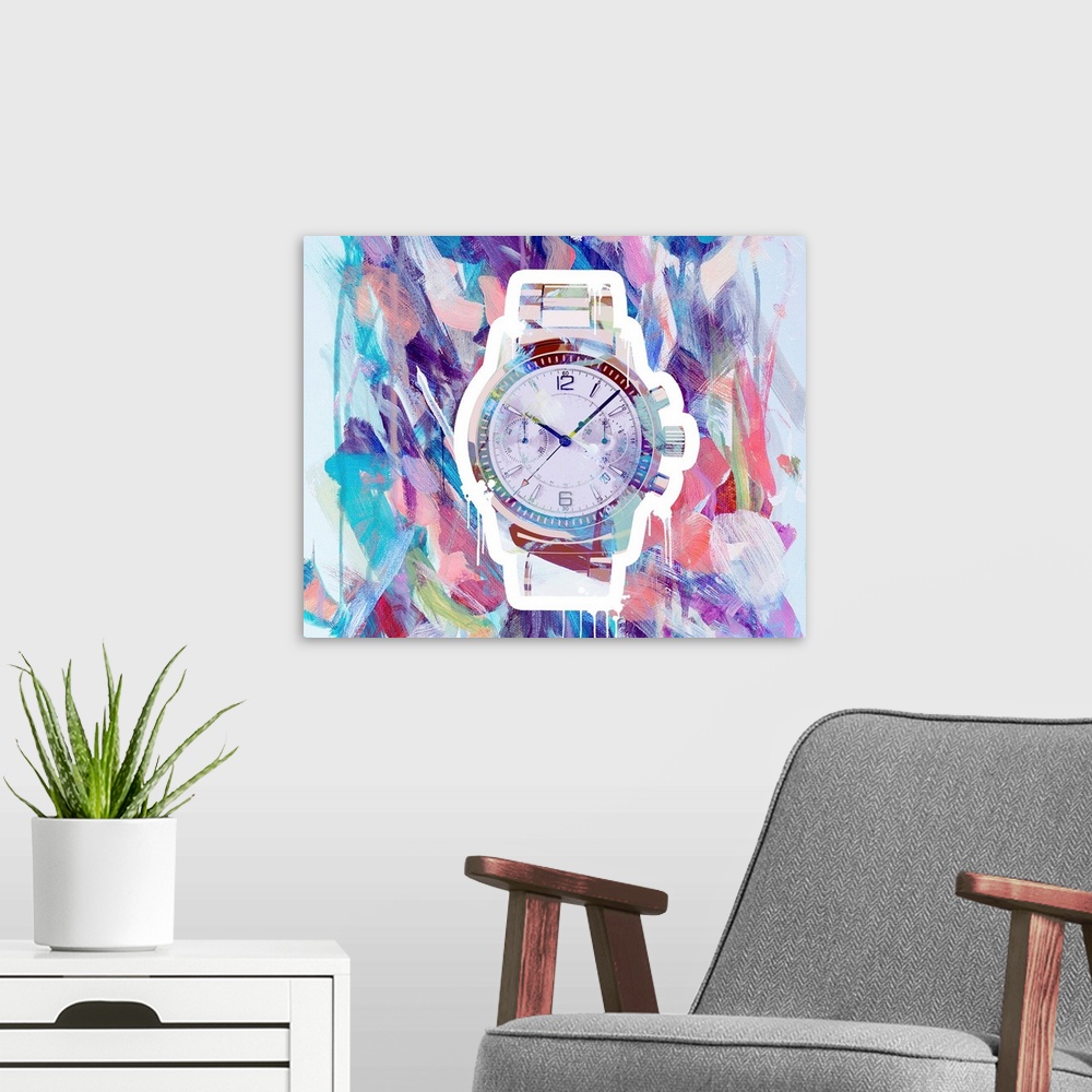 A modern room featuring Graffiti art with fancy wrist watch on a colorful abstract background created with brushstrokes i...