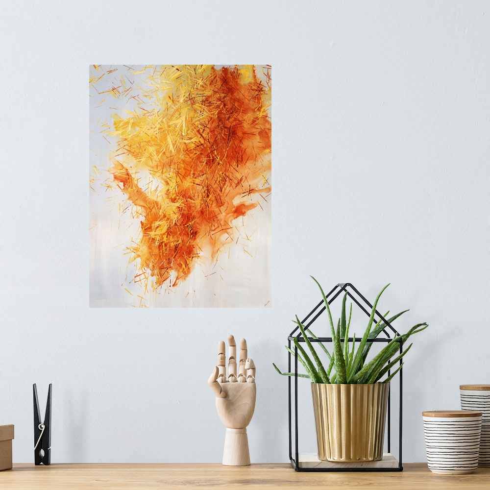 A bohemian room featuring Abstract art of a large cluster of pine needles in golden warm tones on a light neutral background.