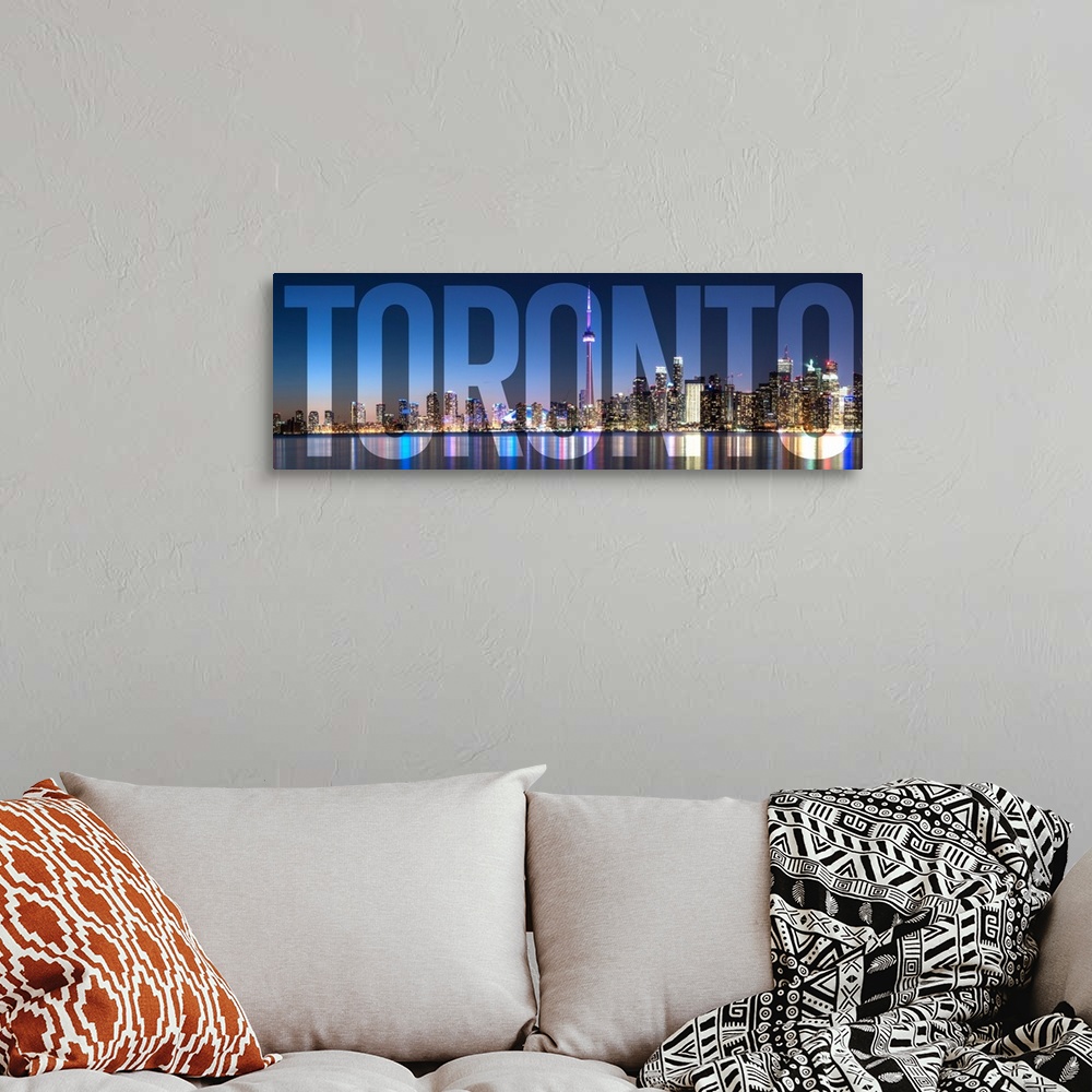 A bohemian room featuring Transparent typography art overlay against a photograph of the Toronto city skyline.