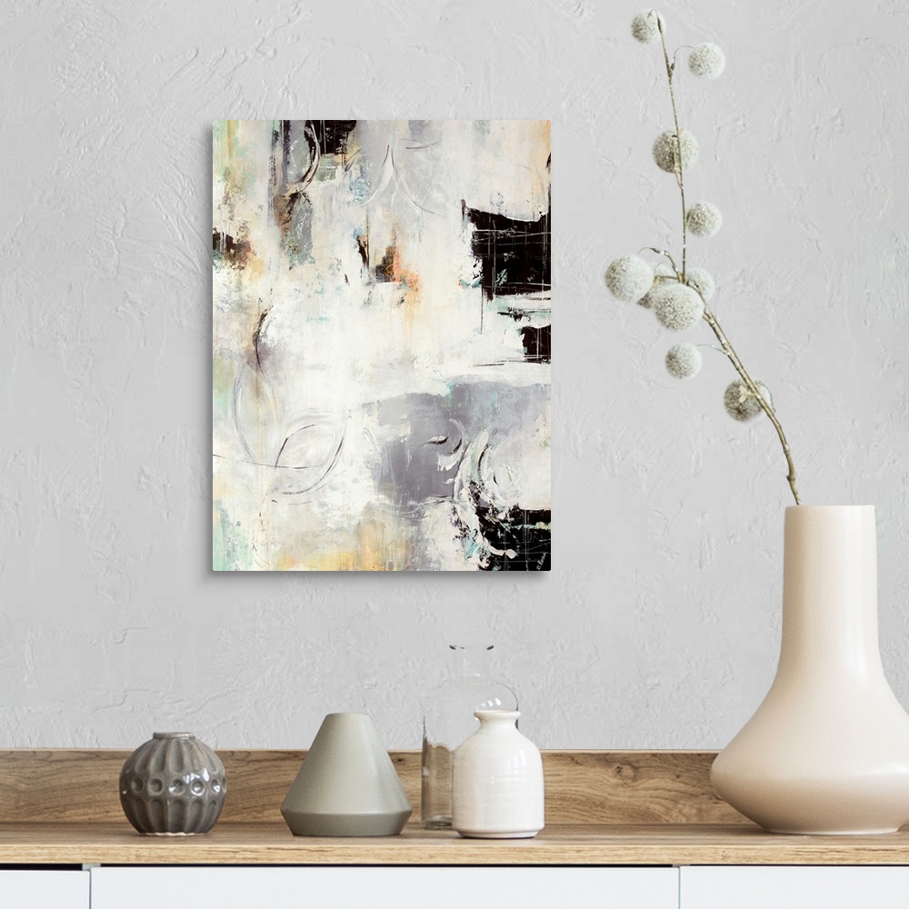 A farmhouse room featuring This vertical abstract painting is a variety of textures accentuated by areas dark paint smears i...