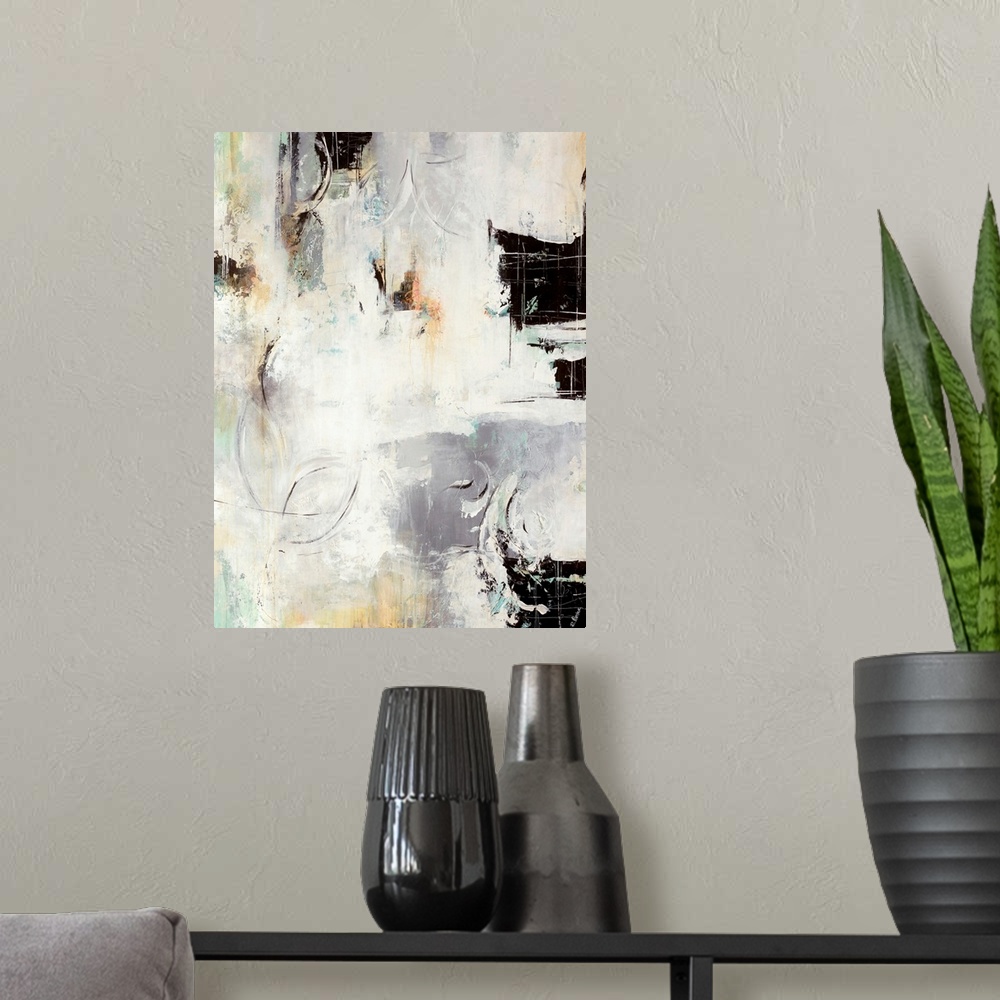 A modern room featuring This vertical abstract painting is a variety of textures accentuated by areas dark paint smears i...