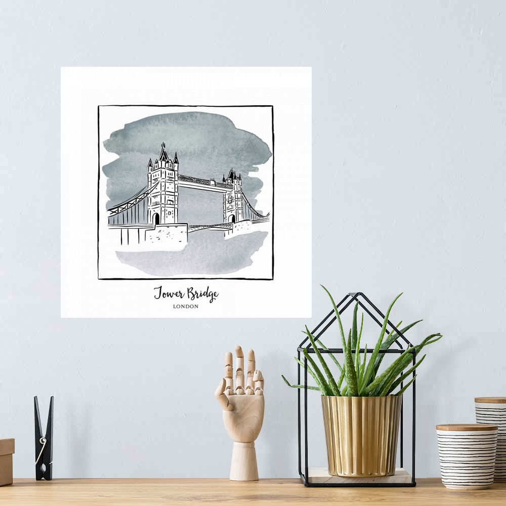 A bohemian room featuring An ink illustration of the Tower Bridge in London, England, with a grey watercolor wash.