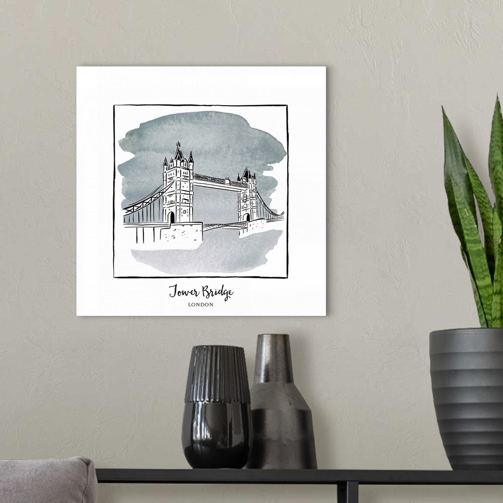 A modern room featuring An ink illustration of the Tower Bridge in London, England, with a grey watercolor wash.