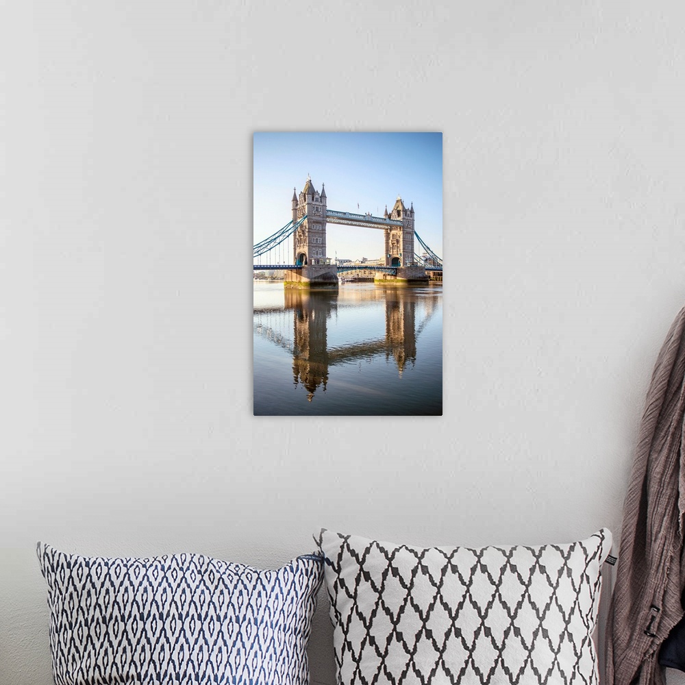 A bohemian room featuring Photograph of Tower Bridge reflecting into the River Thames in London, England, UK.