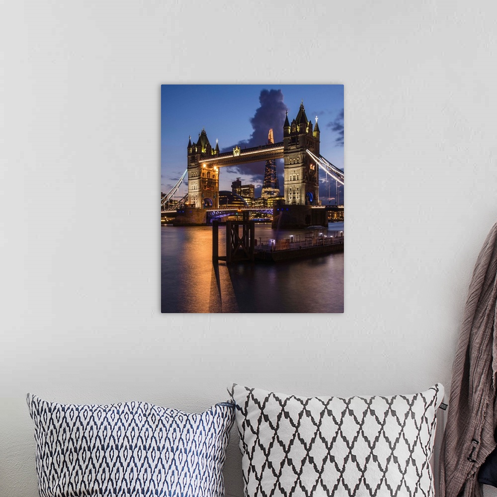 A bohemian room featuring Photograph of Tower Bridge over River Thames with the Shard Building in the background, all lit u...