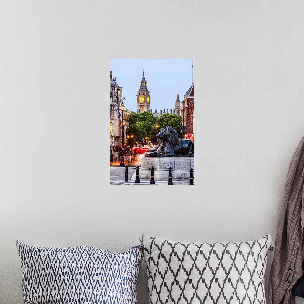 A bohemian room featuring Photograph of Trafalgar Square with the iconic Trafalgar Lions in the foreground and Big Ben in t...