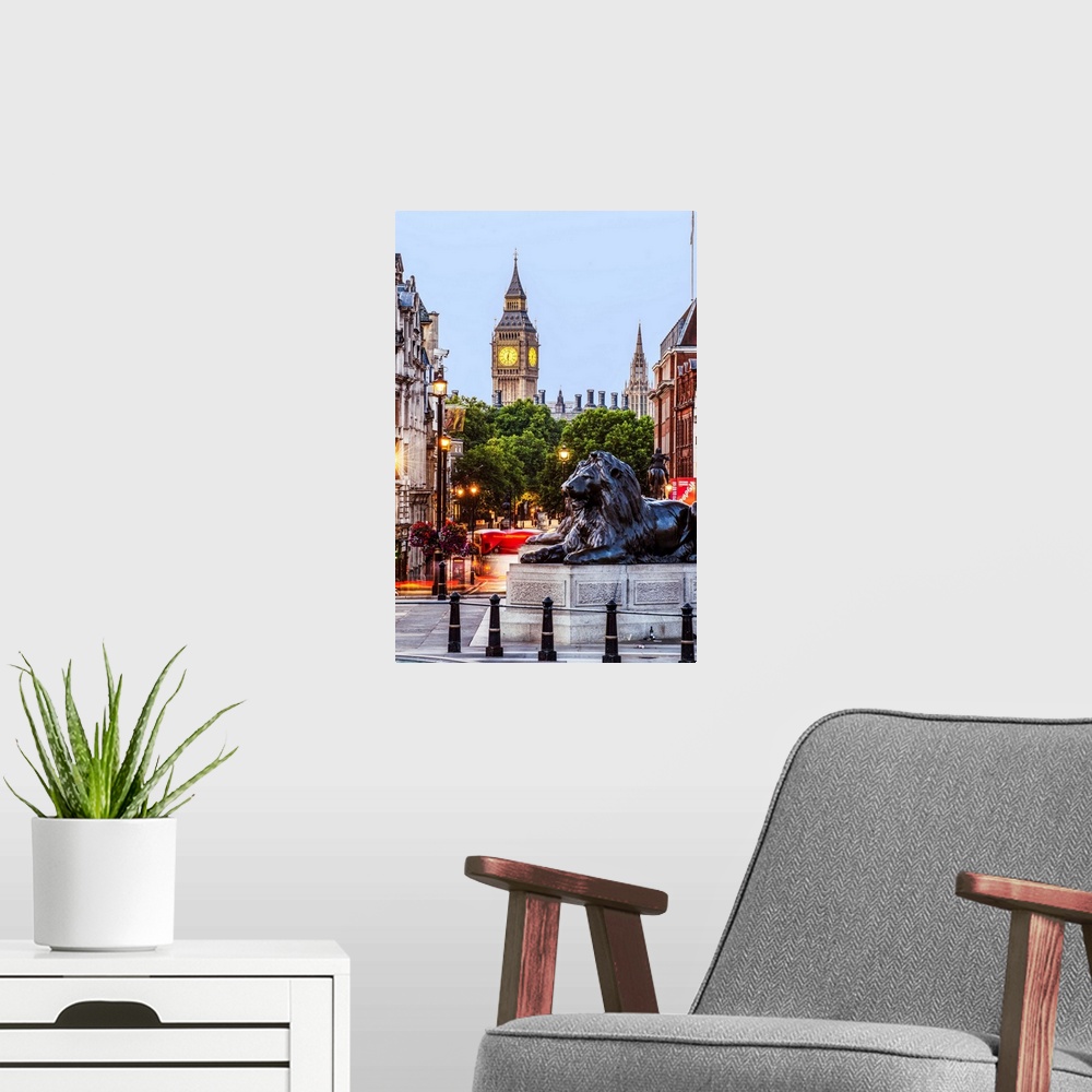 A modern room featuring Photograph of Trafalgar Square with the iconic Trafalgar Lions in the foreground and Big Ben in t...