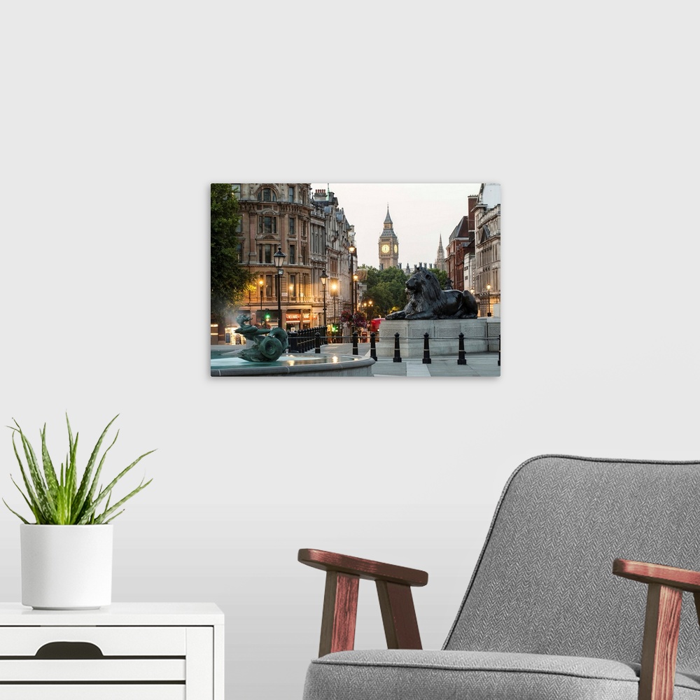 A modern room featuring Photograph of the lions at Trafalgar Square with Big Ben in the background, London, England