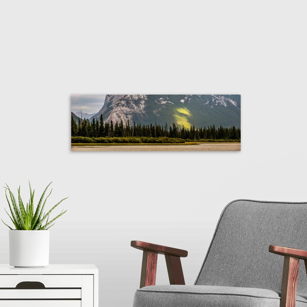 A modern room featuring Trees line the edge of Vermilion Lakes in Banff National Park, Alberta, Canada.