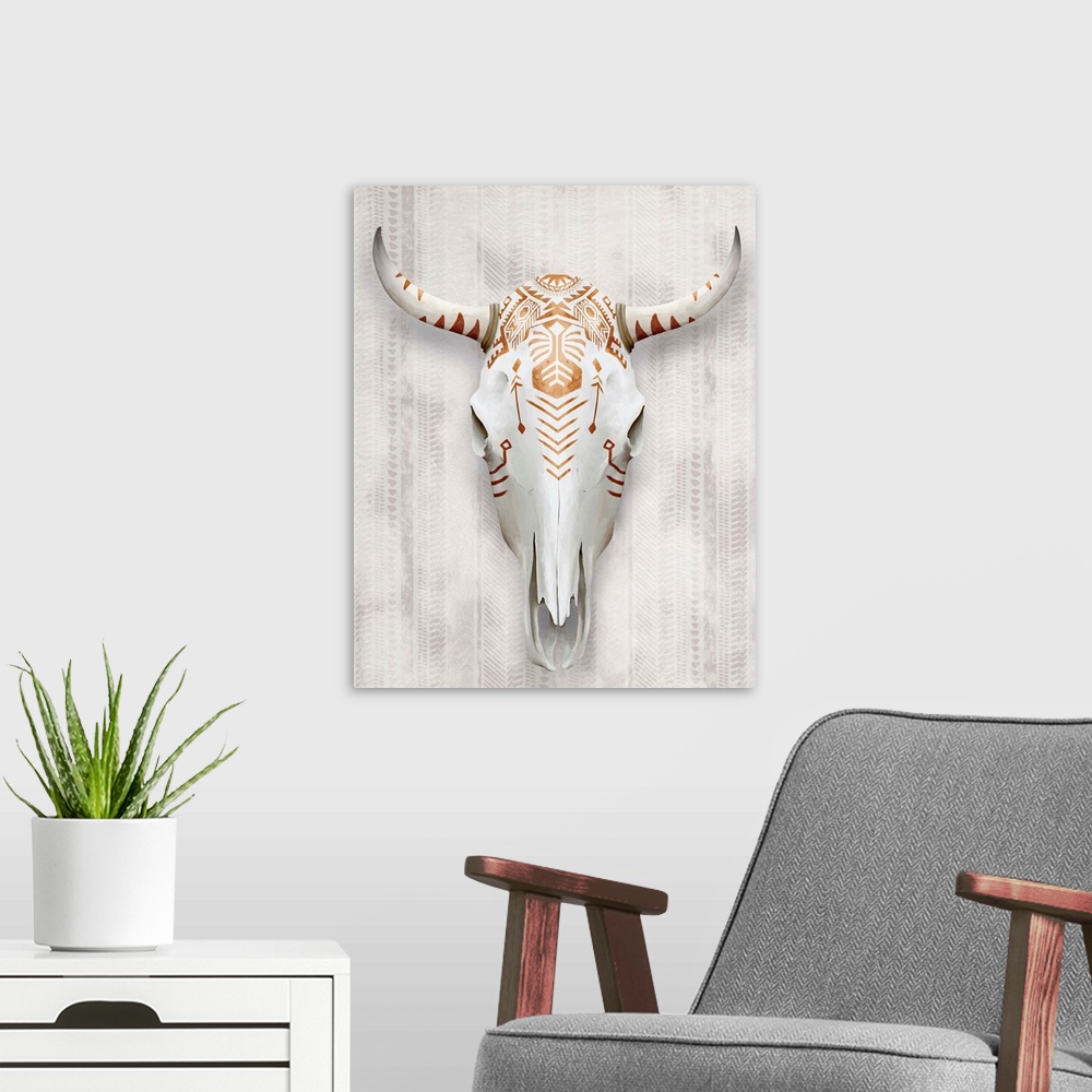 A modern room featuring A white bull's skull painted with copper-colored tribal patterns and symbols.