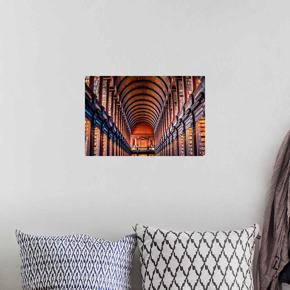 A bohemian room featuring Photograph of the arched wooden ceilings of Trinity College Library, which serves Trinity College...