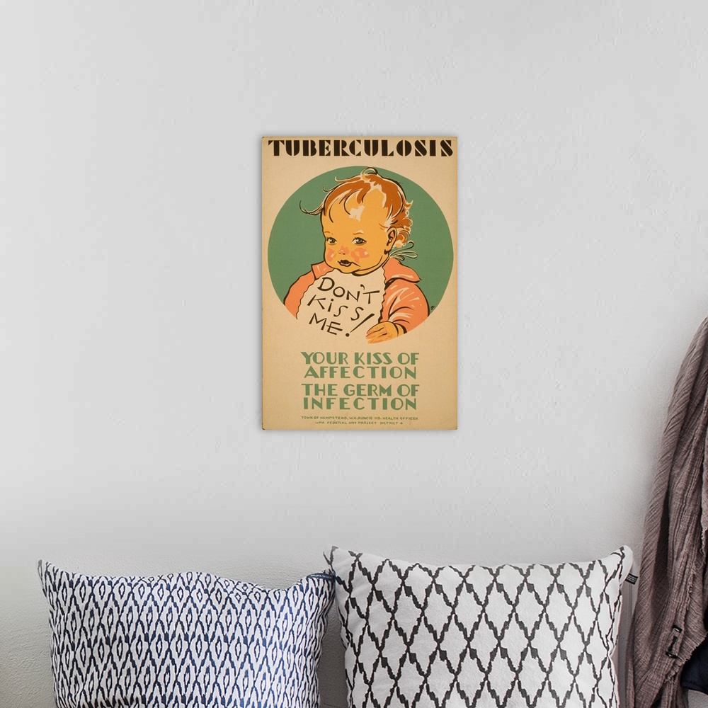 A bohemian room featuring Artwork about tuberculosis in children and methods of transmission, showing a child wearing a bib.