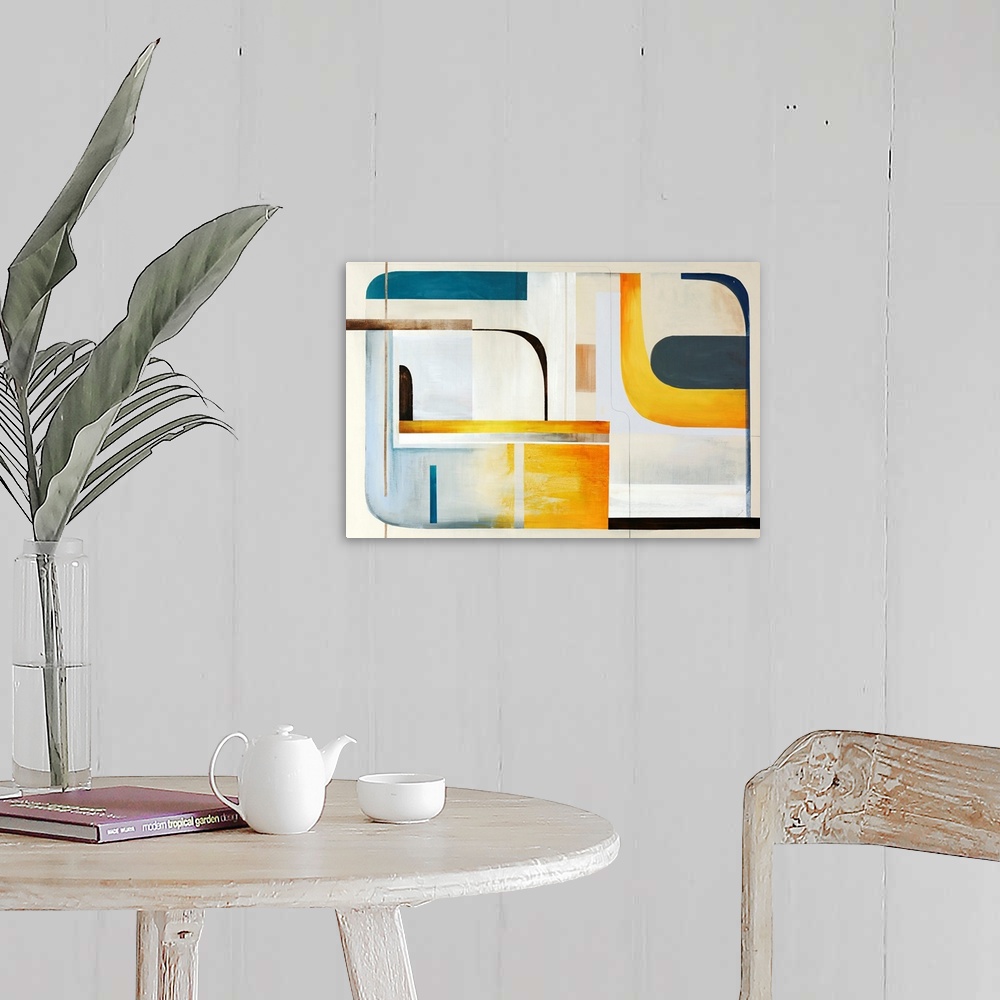 A farmhouse room featuring Modern painting of geometric shapes and lines reminiscent of mid century modern styles.