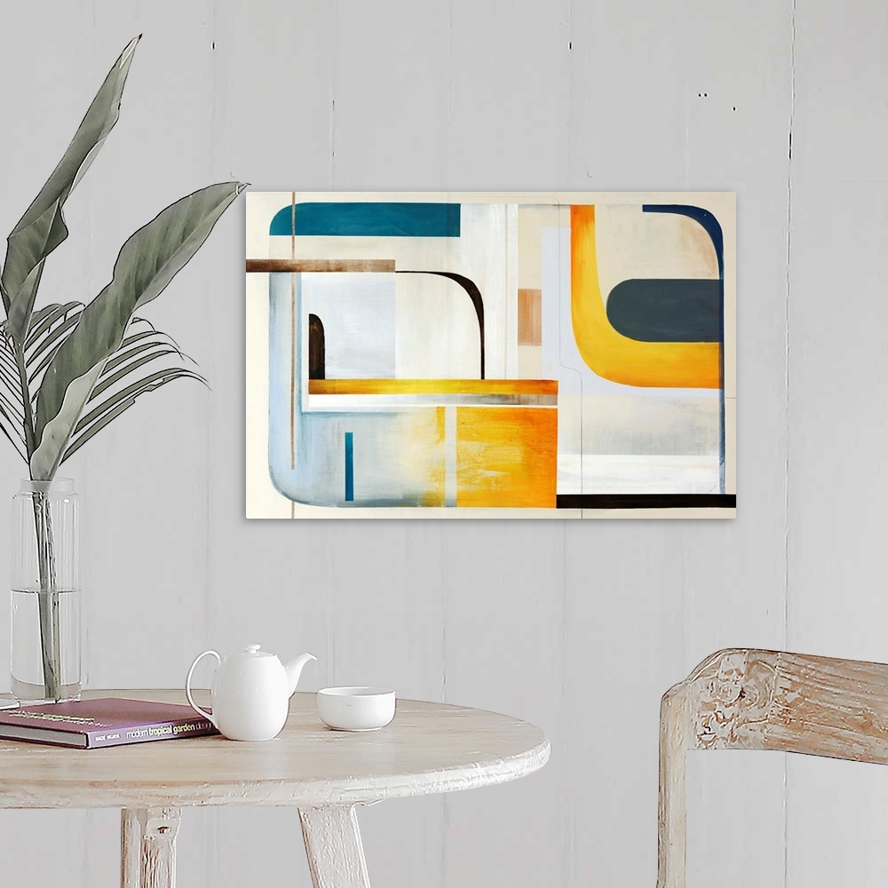 A farmhouse room featuring Modern painting of geometric shapes and lines reminiscent of mid century modern styles.