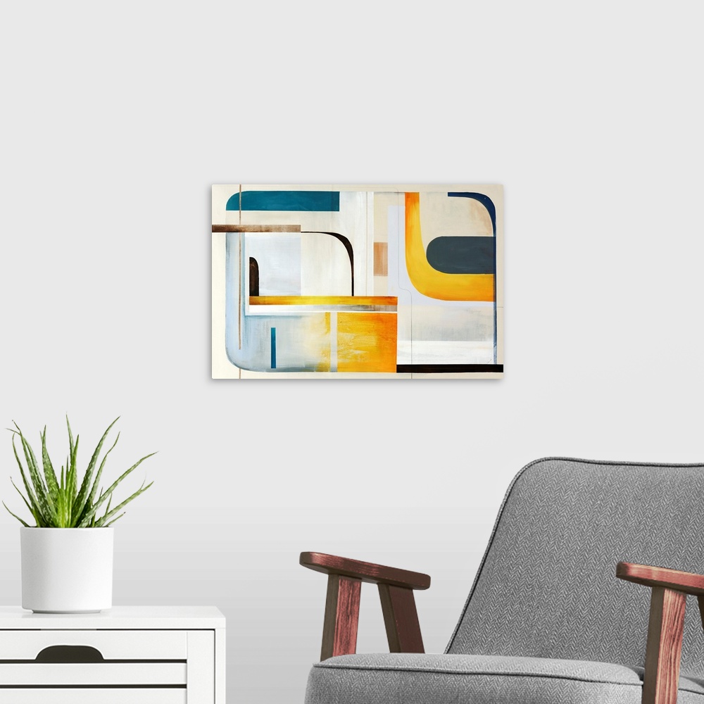 A modern room featuring Modern painting of geometric shapes and lines reminiscent of mid century modern styles.