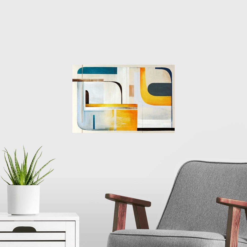 A modern room featuring Modern painting of geometric shapes and lines reminiscent of mid century modern styles.