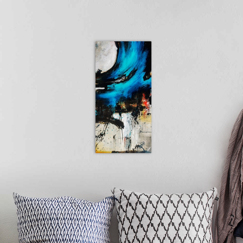 A bohemian room featuring Vertical abstract painting of a large, dark, swirling wave of paint that is splattered on the edg...
