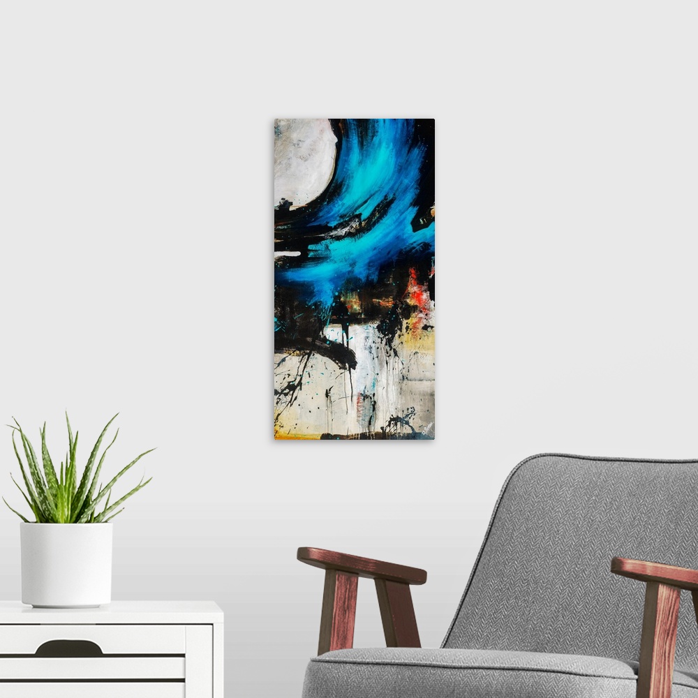 A modern room featuring Vertical abstract painting of a large, dark, swirling wave of paint that is splattered on the edg...