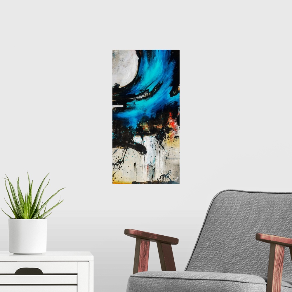 A modern room featuring Vertical abstract painting of a large, dark, swirling wave of paint that is splattered on the edg...
