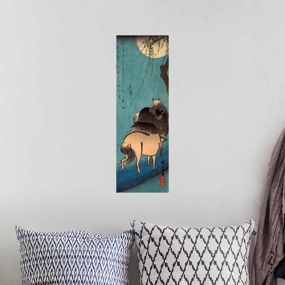 A bohemian room featuring Woodblock print of two large horses near a tree with a full moon.