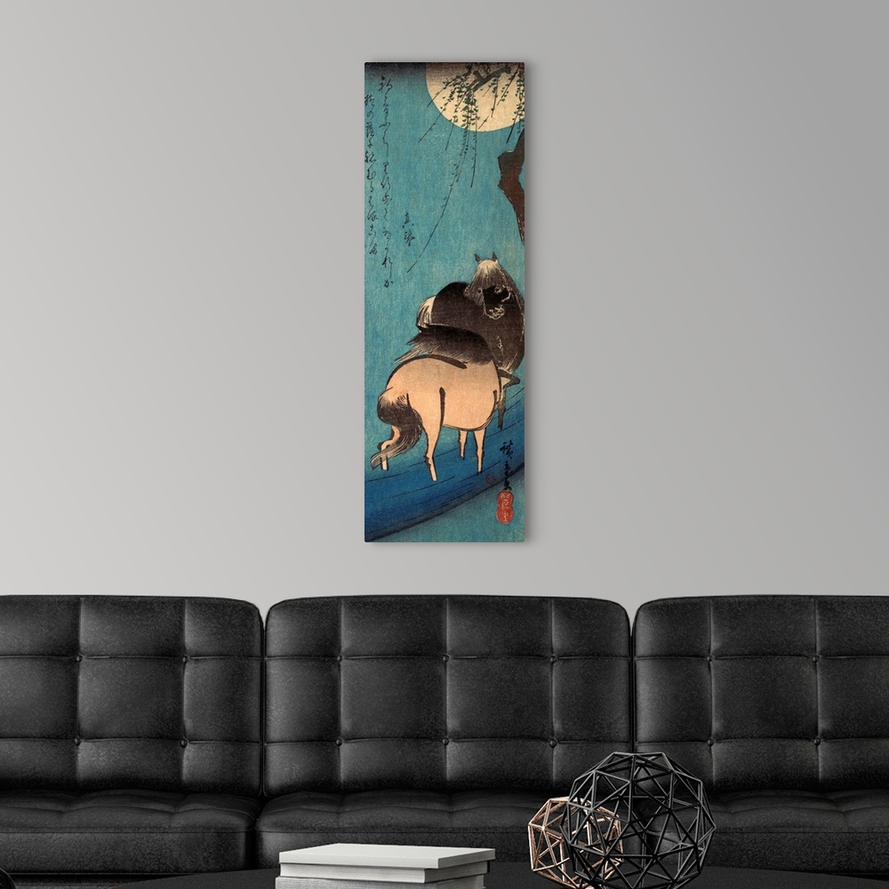 A modern room featuring Woodblock print of two large horses near a tree with a full moon.