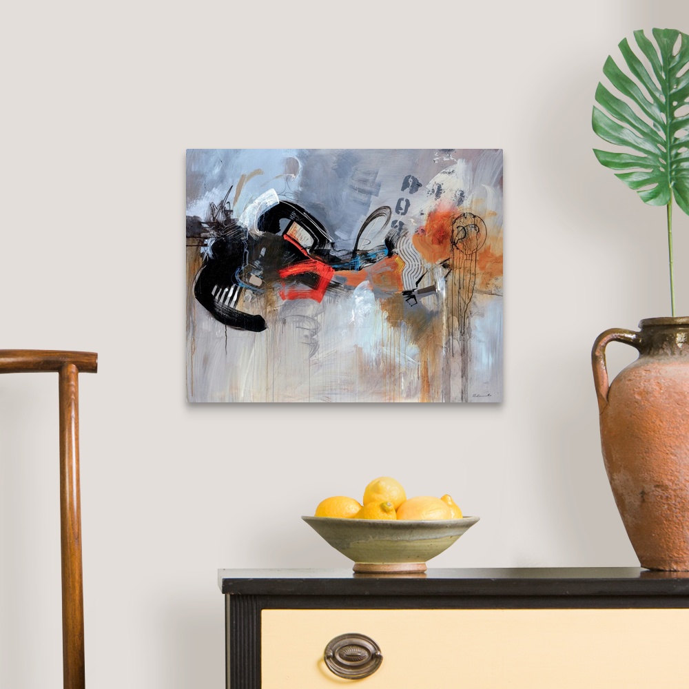 A traditional room featuring An abstract painting of dark contrasting colors and shapes against a neutral background.