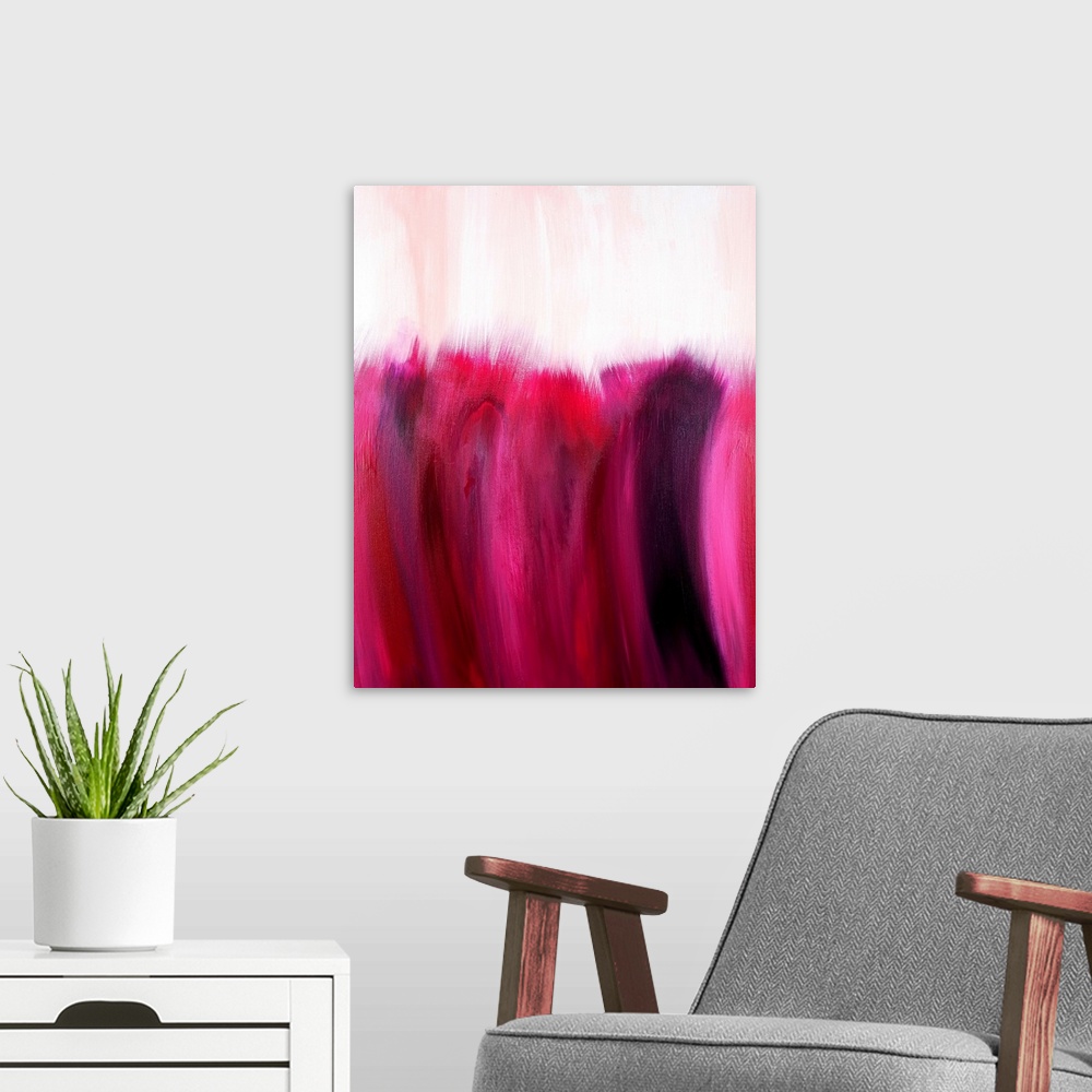A modern room featuring Contemporary abstract in bright shades of pink that feathers into a light colored background on top.