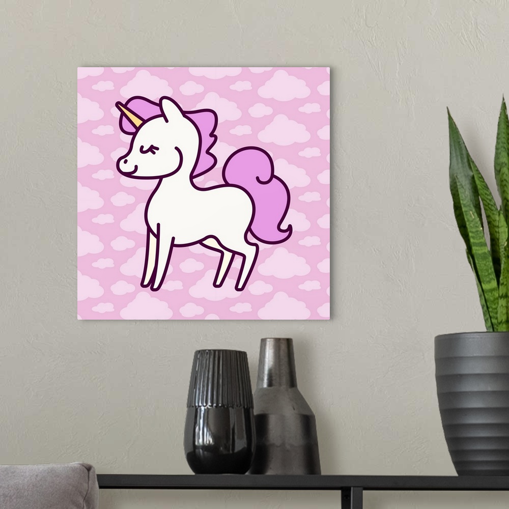 A modern room featuring Illustration of a dreamy unicorn with a pink mane over a cloud-patterned background.