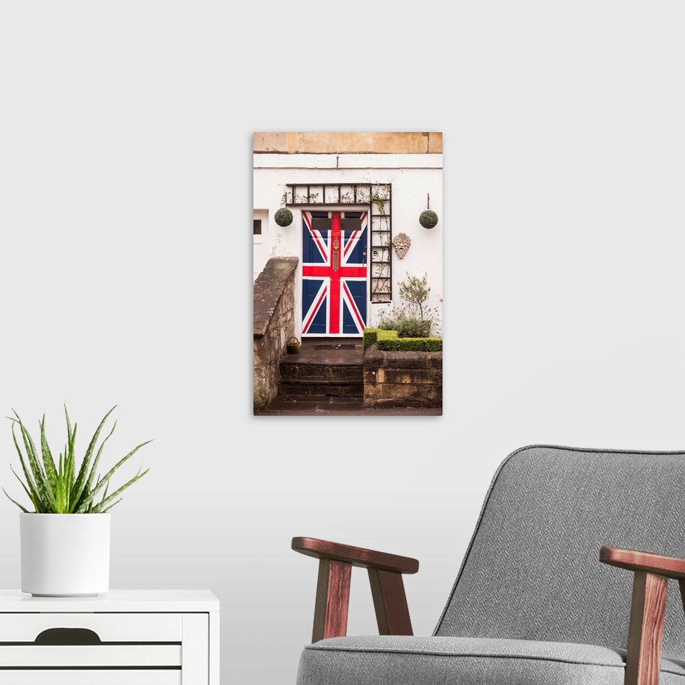 A modern room featuring Photograph of a front porch in Bath, England with the Union Jack flag painted on the front door.