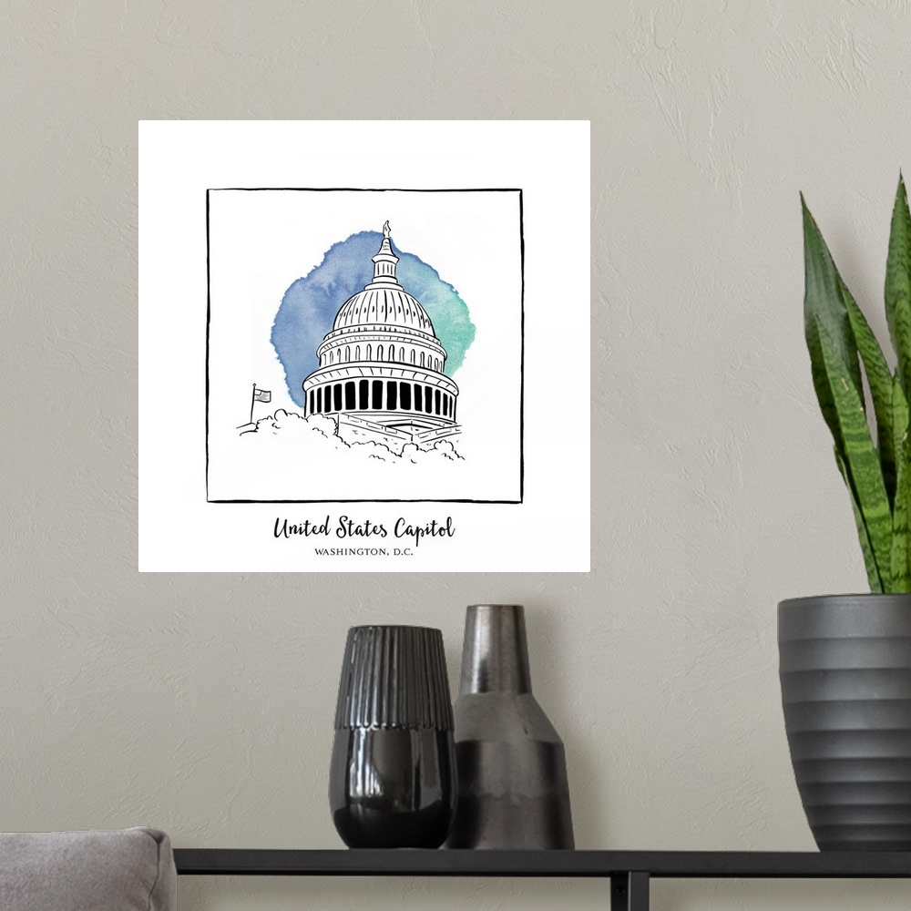 A modern room featuring An ink illustration of the United States Capitol in Washington, D.C., with a lavender watercolor ...