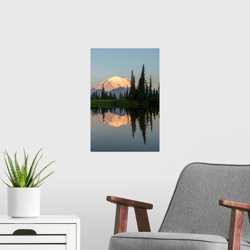 A modern room featuring View of Mount Rainier's peak reflection in Upper Tipsoo Lake, Washington.
