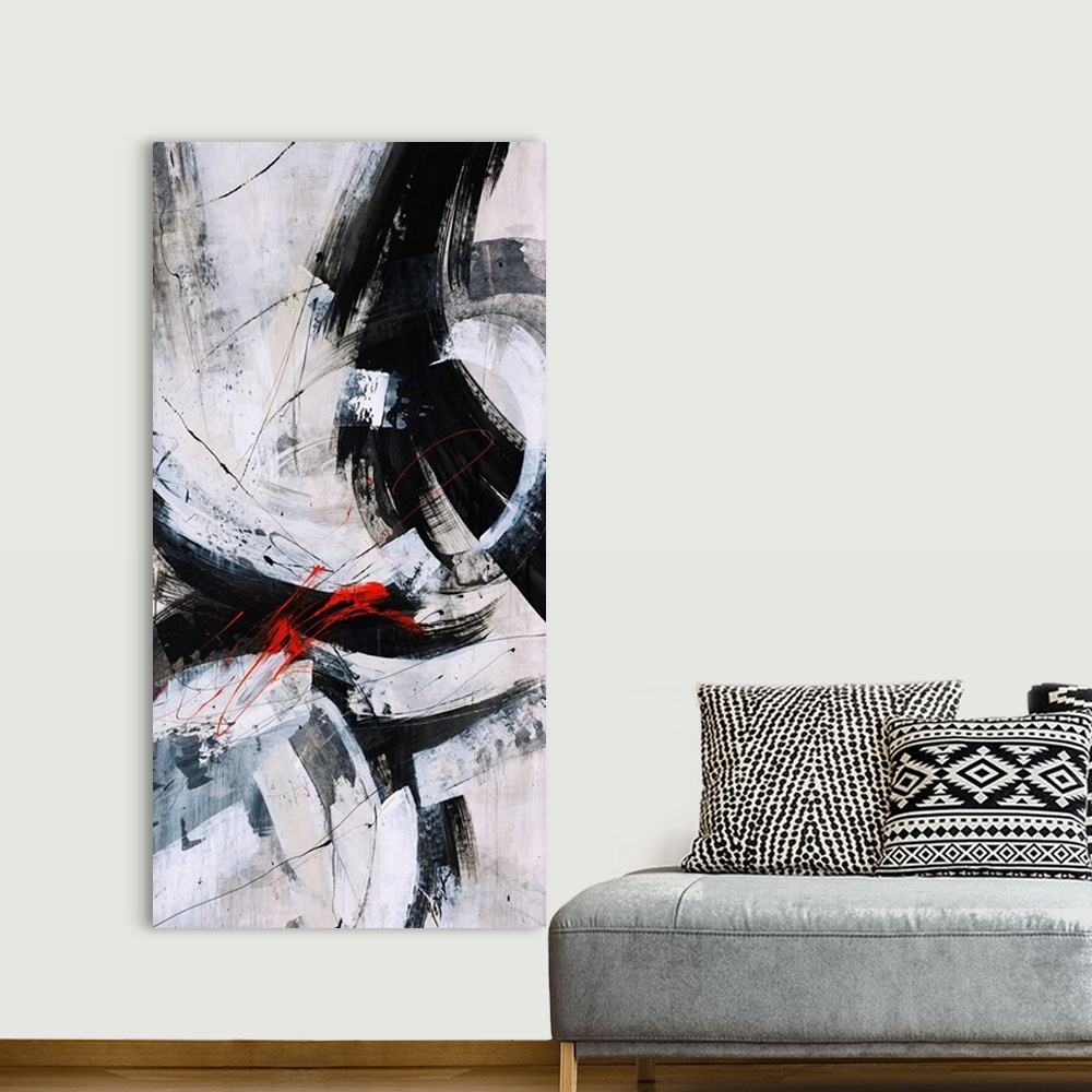 A bohemian room featuring Contemporary abstract painting of various long and thick brushstrokes on top of a neutral backgro...
