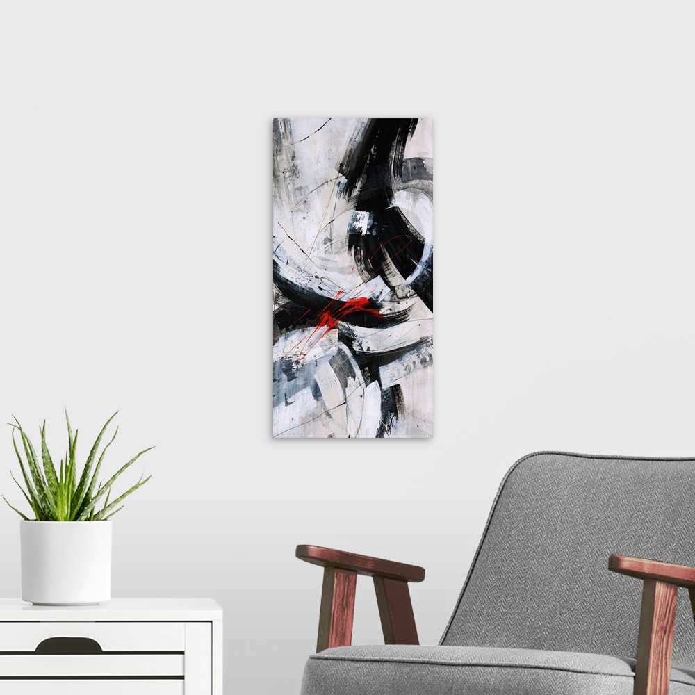 A modern room featuring Contemporary abstract painting of various long and thick brushstrokes on top of a neutral backgro...