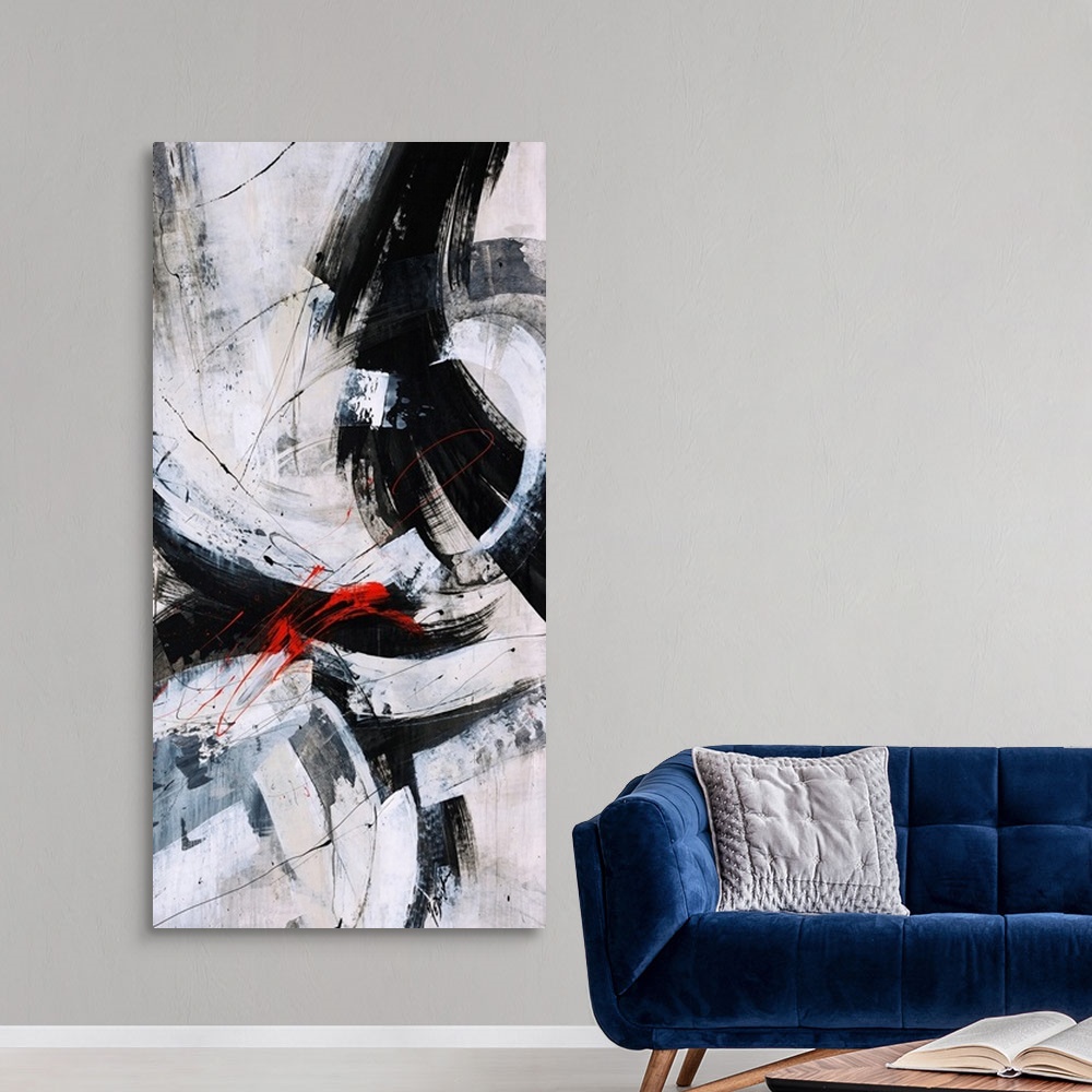 A modern room featuring Contemporary abstract painting of various long and thick brushstrokes on top of a neutral backgro...