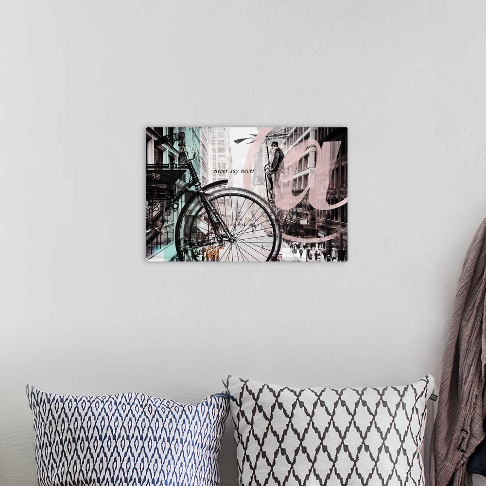 A bohemian room featuring A vintage cityscape photograph overlaid with vintage illustrations of a bicycle, flying machine, ...