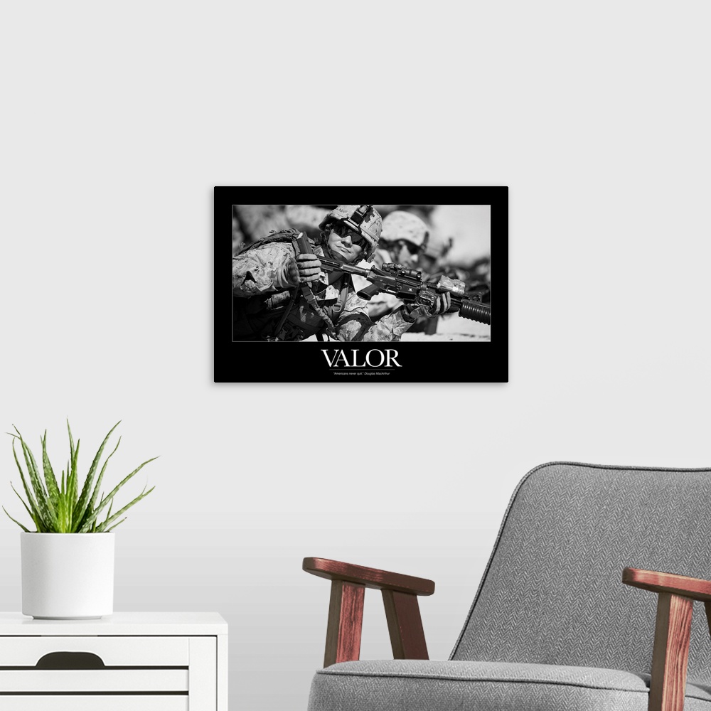 A modern room featuring US Army Poster: Americans never quit