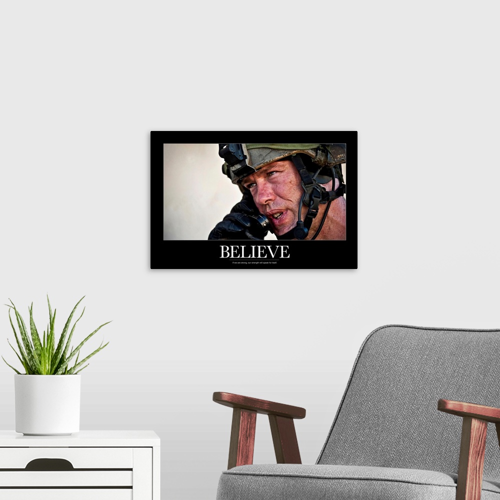 A modern room featuring US Army Poster: Believe