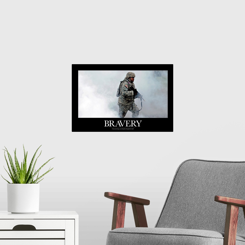 A modern room featuring US Army Poster: If we are strong, our strength will speak for itself