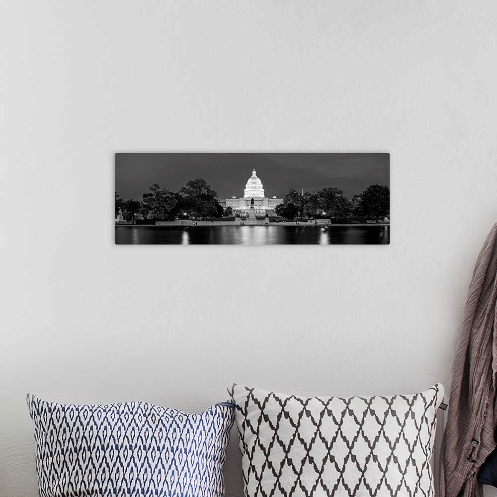 A bohemian room featuring Panoramic photograph of the U.S. Capitol Building at dusk with the Capitol Reflecting Pool.