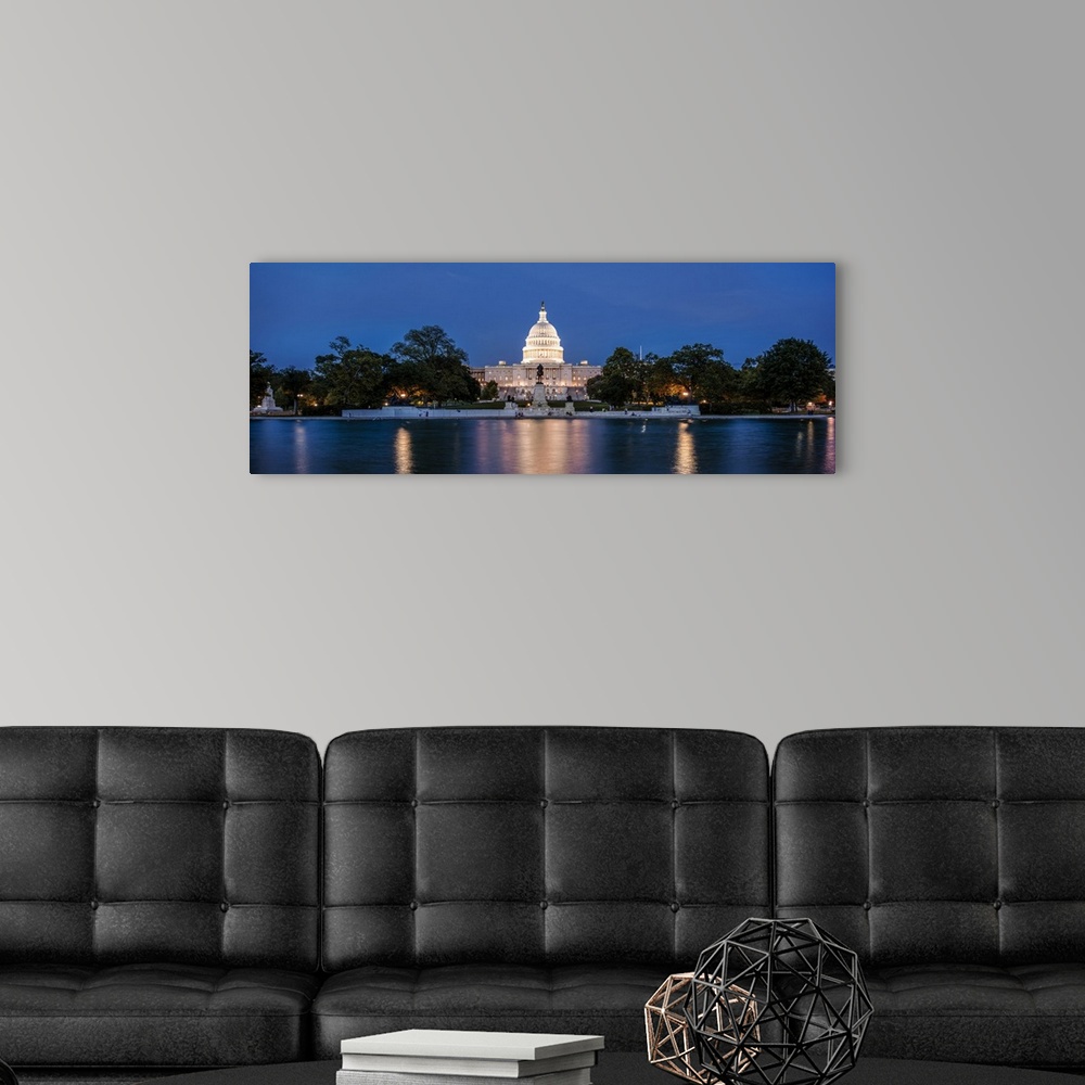 A modern room featuring Panoramic photograph of the U.S. Capitol Building at dusk from the Capitol Reflecting Pool.