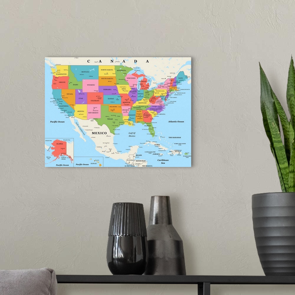 A modern room featuring Large color map of the United States of America with a classic font.